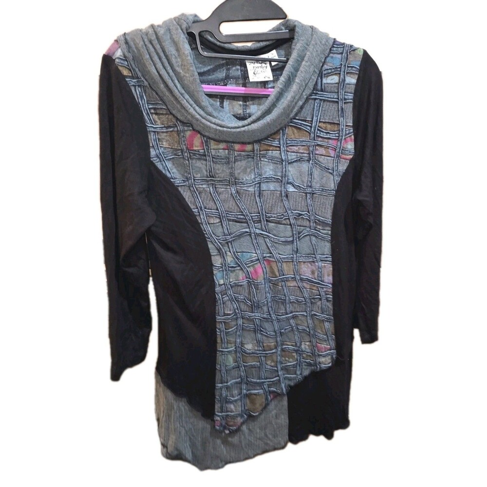 PARSLEY & SAGE Sz S Cowel Neck Blue Blk Mix Print Lagenlook Art To Tunic Blouse